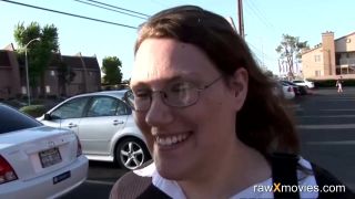 Watch as the plump and sexy street chick with glasses takes on a massive cock, her mouth stretching wide to accommodate every inch