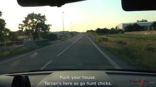 Hitchhiker rides cock in van while driving down the highway