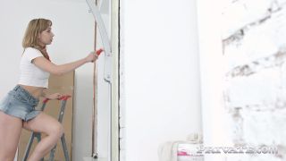 Connie Sparkle is covered in cum as her hung painter decorates her body with his paintbrush