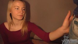 Sarah, the tiny and skinny 19-year-old girl is doing her first ever blowjob on cam