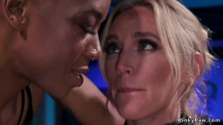 Watch as Huge tits ebony anal fucks blonde lesbian, her tits bouncing as her ass gets filled